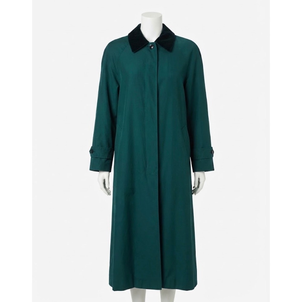 Vintage Emerald Green Long Trench Coat Black Velvet Trim Collar Size L/XL